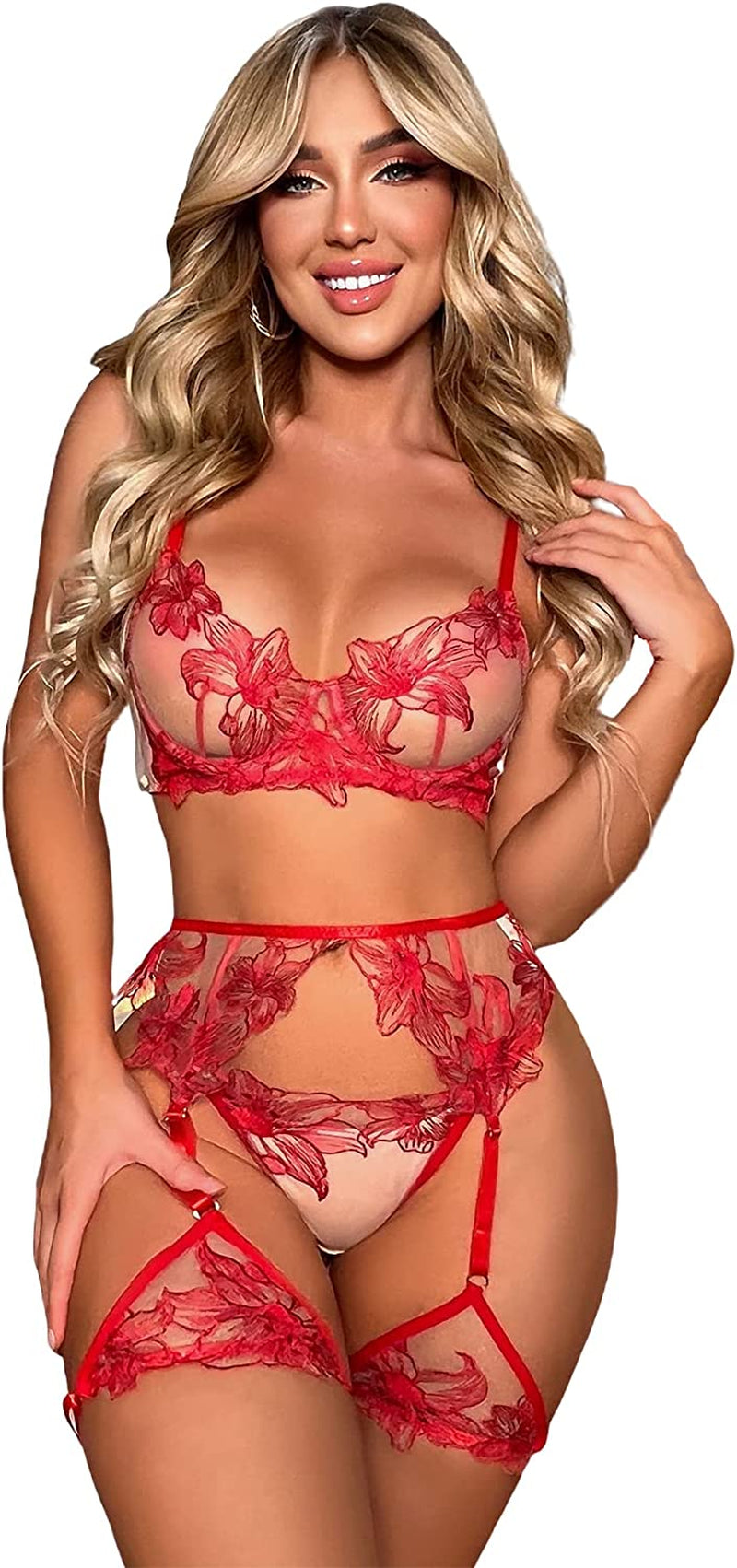 WDIRARA Women'S Red Lace Underwire 3 Piece Embroidered Sexy Lingerie Set with Ga